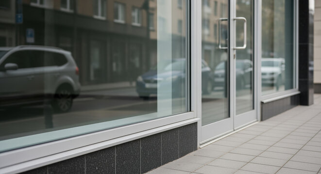 Modern urban storefront with large glass windows and closed door reflecting parked cars and city street in daylight