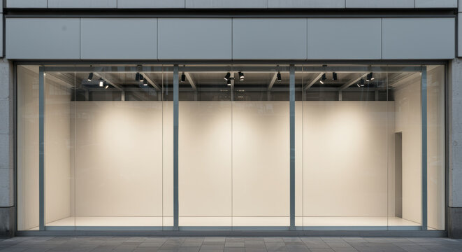 Modern empty storefront with large glass windows and minimalist interior, ready for commercial lease in urban retail district