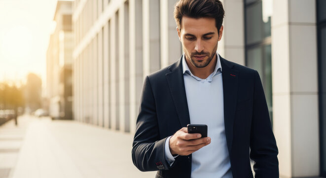 Confident young businessman in suit walking outdoors in modern city district while using smartphone during early morning hours - Powered by Adobe