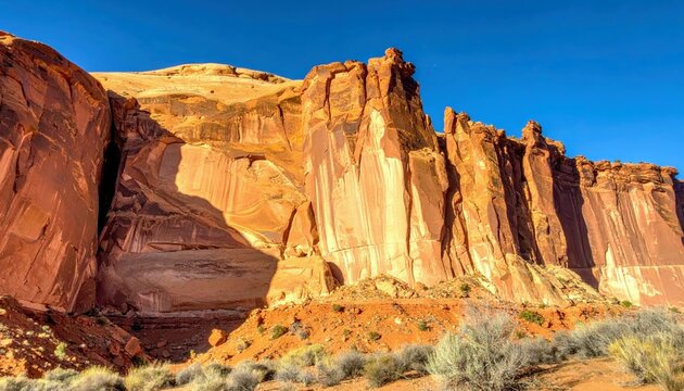 Vast, sun-drenched red rock cliffs and formations dominate the landscape under a bright blue sky, with dry desert brush in the foreground.