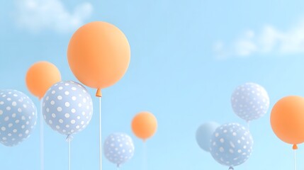 A collection of vibrant orange and polka dotted blue balloons ascend into a serene light blue sky dotted with wispy clouds evoking a sense of joy and celeb n