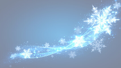 青い背景に舞う輝く雪の結晶と光の波