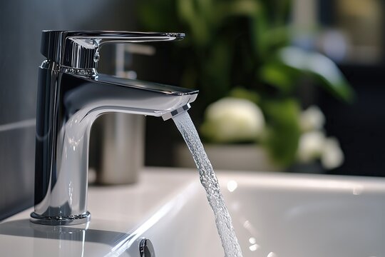 Chrome tap with open water that flows into a white modern sink