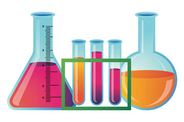 set of colorful chemical liquids in laboratory glassware including flasks and test tubes