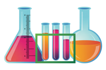 set of colorful chemical liquids in laboratory glassware including flasks and test tubes