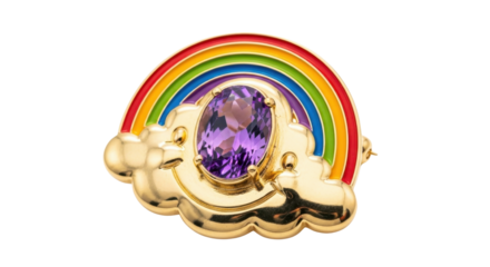 Jewelry Brooch of rainbow and clouds with gemstone isolated PNG with Transparent Background