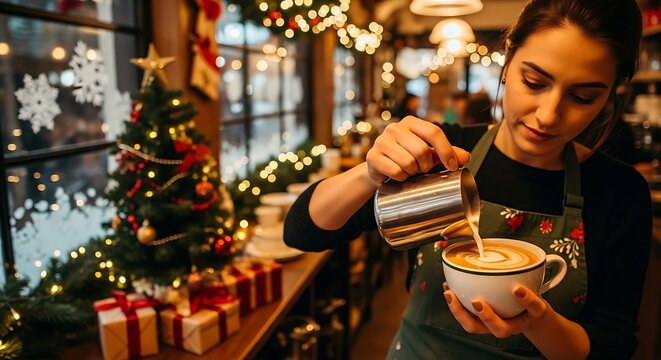 A barista pouring milk into a cup of coffee in a christmas decorated coffee shop setting indoors