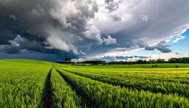 A vast, green wheat field stretches towards a tree-lined horizon under a dramatic sky filled with dark, rolling storm clouds.