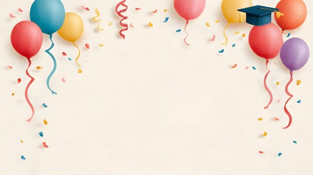 A celebratory background featuring an assortment of brightly colored balloons cascading confetti and twirling streamers topped with a graduation cap perfect for congratulatory events