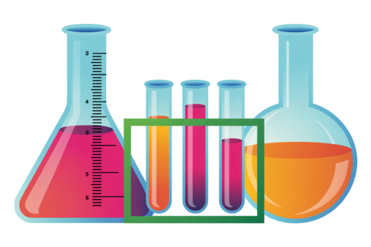 set of colorful chemical liquids in laboratory glassware including flasks and test tubes