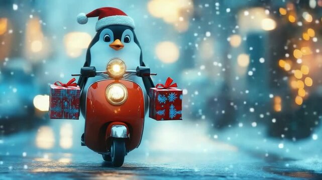 Adorable penguin in a Santa hat zips through a snowy city on a red scooter, delivering gift wrapped presents under twinkling bokeh lights for holiday cheer