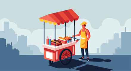 Vibrant street vendor proudly serving delicious food from a colorful cart amidst a modern cityscape, capturing urban culinary scenes