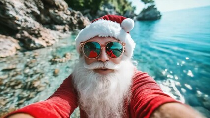 Cheerful Santa Claus wearing sunglasses taking a selfie video while vlogging on a beautiful sunny beach during his Christmas vacation, sharing his travel adventures on social media
