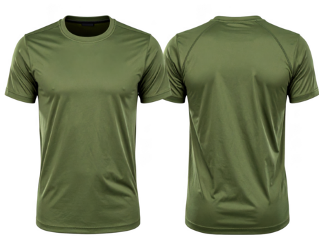 Olive green athletic t-shirt mockup, front and back view for apparel branding. Isolated on transparent background