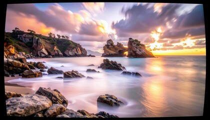 A serene coastal landscape at sunset, featuring a natural rock arch, rugged cliffs, and the ocean with smooth, flowing water.
