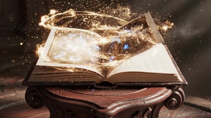 A magical book opens to reveal a fantasy world. Animated fairytale with glowing pop-up castles. Ancient spellbook animation for storytelling