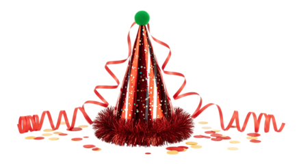 Festive red party hat with green pompom and streamers scattered confetti isolated on a transparent background