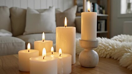Lit white pillar candles burning on a wooden table. Cozy home decor creating a hygge ambiance for relaxation - Powered by Adobe