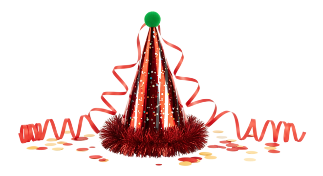 Festive red party hat with green pompom and streamers scattered confetti isolated on a transparent background