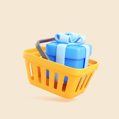 3D Blue Gift Box in Yellow Shopping Basket Isolated on Beige Background