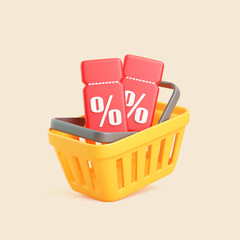 Yellow Shopping Basket with Red Discount Tags and Percent Symbol