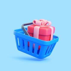3D Gift Box in Blue Shopping Basket Isolated on Blue Background