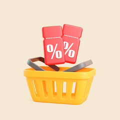Yellow Shopping Basket with Red Percent Discount Tags on Beige Background
