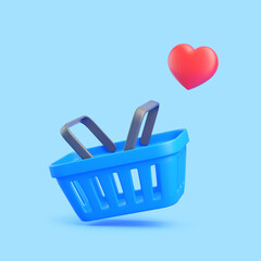 Blue Shopping Basket with Floating Heart on Light Blue Background