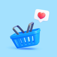 Shopping Basket with Heart Notification on Blue Background