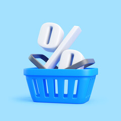 3D Shopping Basket with Percent Sign on Blue Background