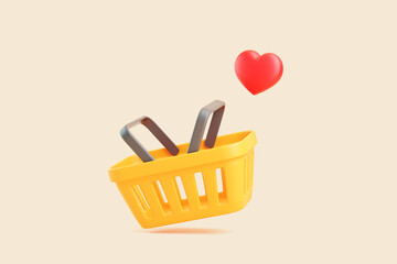 3D shopping basket with red heart on beige background © Andrii