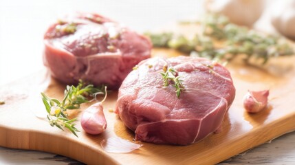 Fototapeta premium Fresh raw veal steaks with herbs on wooden board. Generative AI