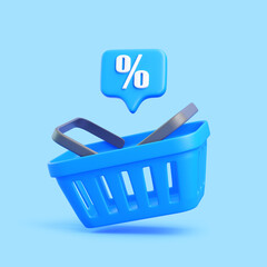 Blue Shopping Basket with Discount Percent Symbol on Blue Background