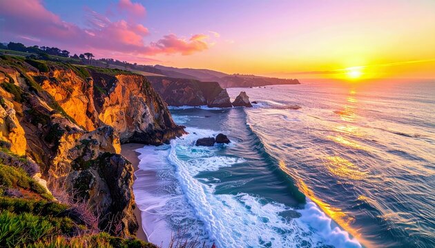 A vibrant sunset paints the sky with hues of pink, purple, and orange over a dramatic coastline with steep cliffs and the ocean.