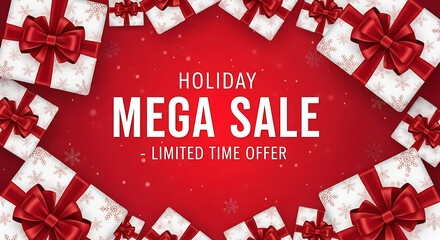 Holiday mega sale banner with gift boxes and snowflakes on a red background, limited time offer isolated on transparent background