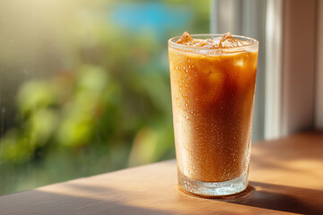Refreshing glass of iced coffee with condensation, glowing in warm sunlight near a window. Perfect summer beverage scene evoking freshness and relaxation