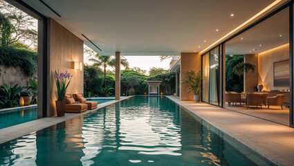 Luxury indoor-outdoor swimming pool with lounge chairs and tropical landscaping