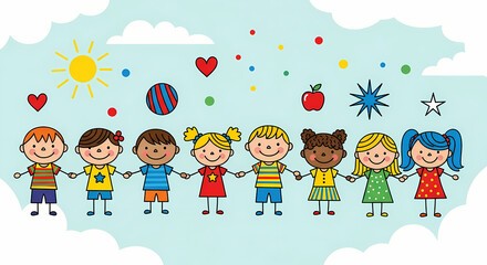 Naklejka premium Diverse Group of Children Holding Hands in a Colorful Illustration.