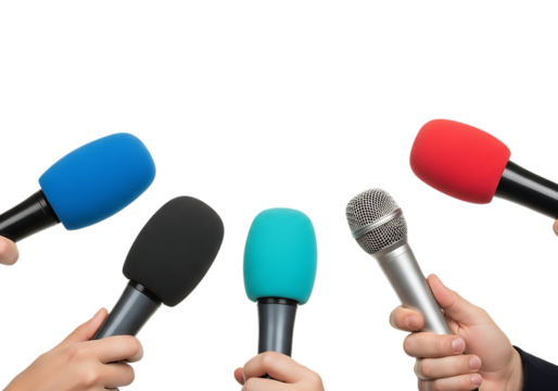 Five microphones including colored foam windscreens and one silver microphone held by hands isolated on a transparent background