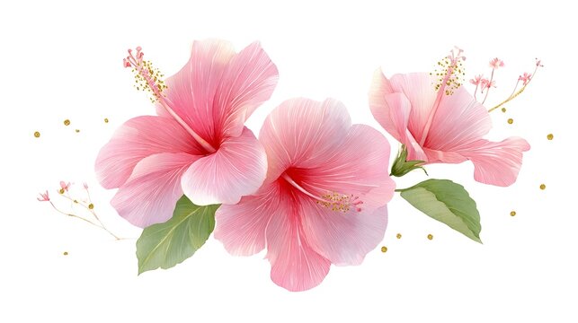 A charming watercolor artwork featuring a bouquet of soft pink hibiscus blossoms accented by lush green foliage and subtle golden accents perfect for a naturalistic and elegant design element