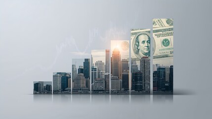 depicting economic growth of a city, the image shows a rising graph composed of city structures and dollar bills, representing financial success and urban development