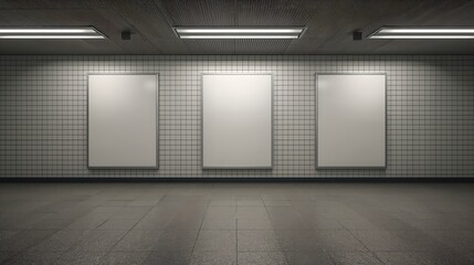 Three blank poster frames hanging in a subway station with bright lights, ready for advertisement or art display. The frames are placed on a tiled wall.