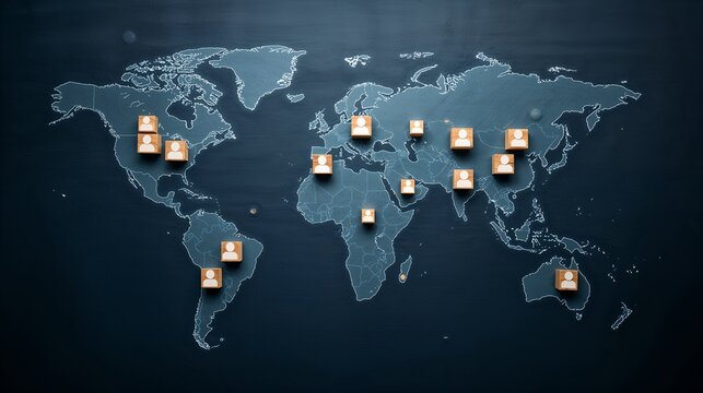 A global network with multiple location pins on a world map, representing business connections.