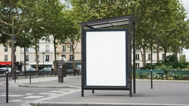 Blank billboard at a bus stop in a city street with trees and buildings in the background