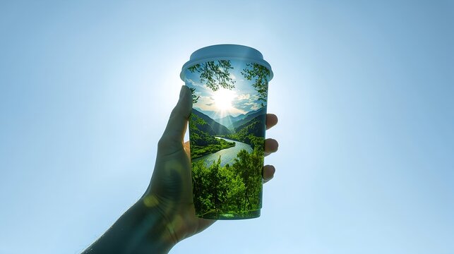 hand holding a takeaway coffee cup with a scenic landscape superimposed on it, promoting sustainable practices
