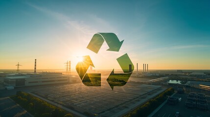 a recycling symbol with factories in the background, promoting sustainability and environmental consciousness