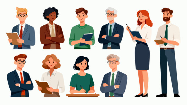 A collection of professional figures such as teachers, professors and lecturers, with cartoon hand-drawn vector illustrations