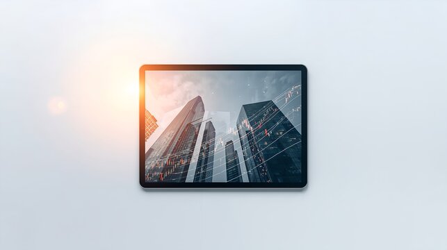 A tablet displaying a low-angle view of modern skyscrapers under a bright sun. It is placed on a flat surface
