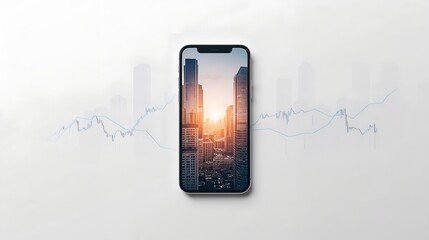 smartphone displaying cityscape and financial graphs, merging technology with business concepts