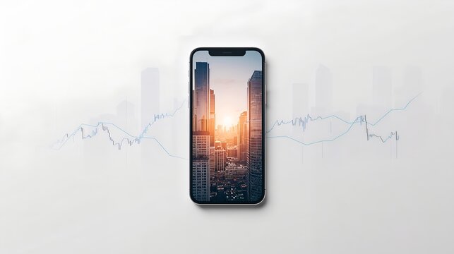 smartphone displaying cityscape and financial graphs, merging technology with business concepts